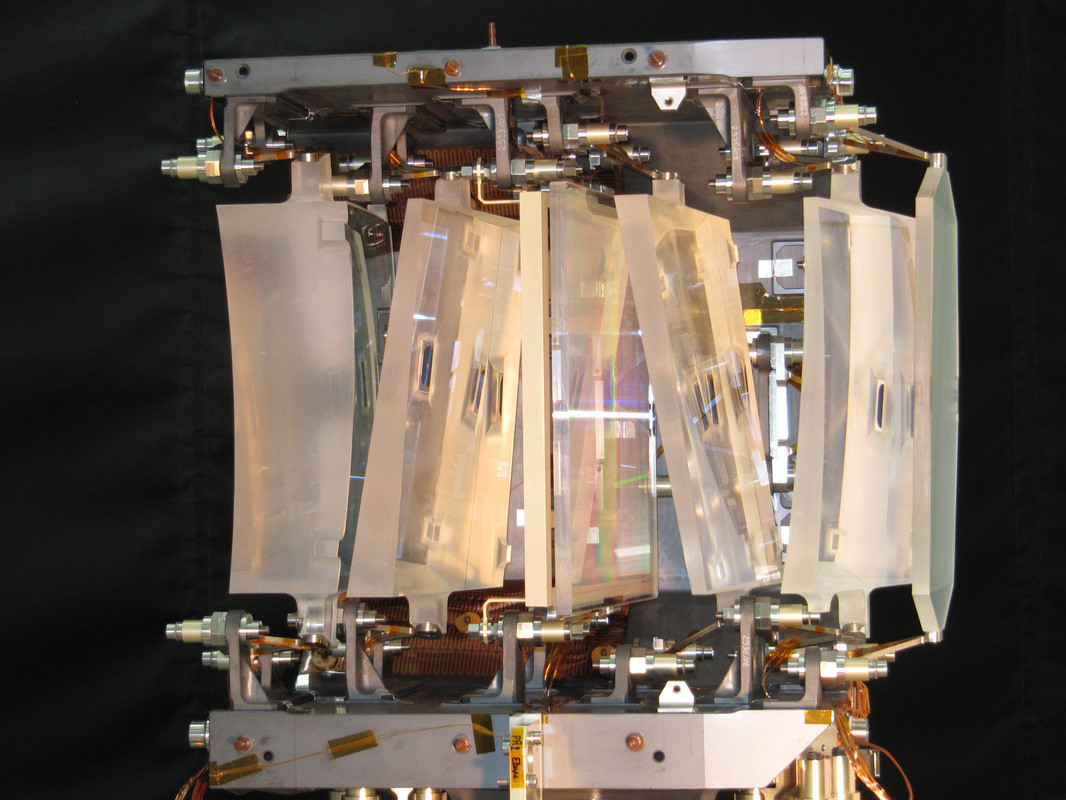 Gaia's Optical Module, including Radial Velocity spectrometer (gratings) and a focal field corrector; SAS Astrium