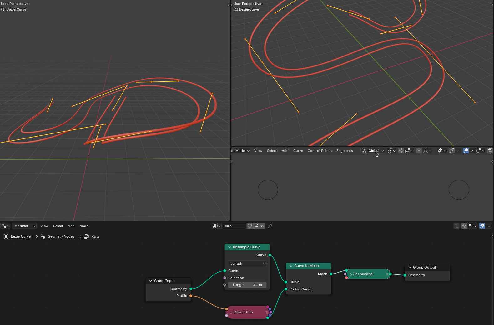 one curve with geometry nodes using Curve to Mesh to bring in a profile with two circles, producing offset tubular rails