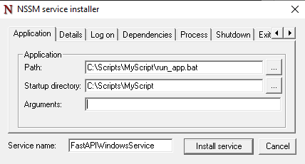 NSSM service installer user interface