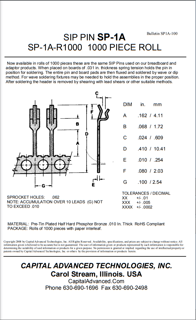 Datasheet for SIP pin SP-1A from Capital Advanced Technologies Inc.