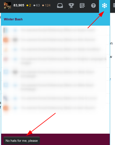 screenshot of snowflake menu and "no hats for me" button