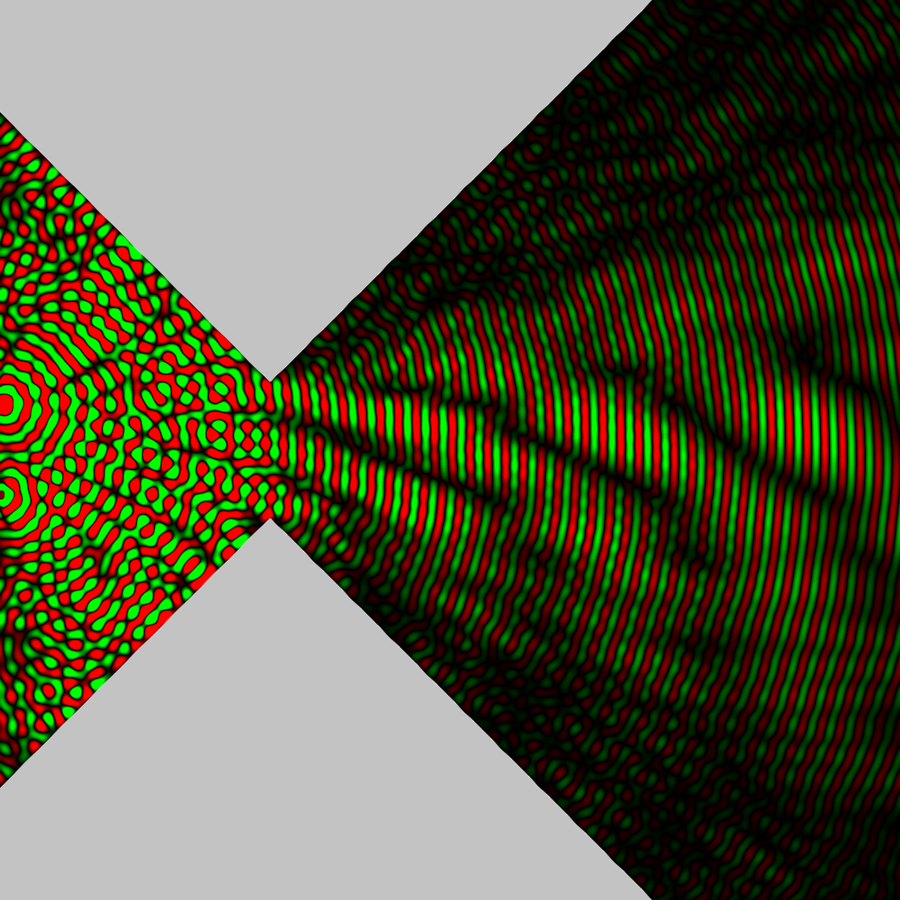 Single slit with 2 emitters, 2 frequencies, and 2 phases.