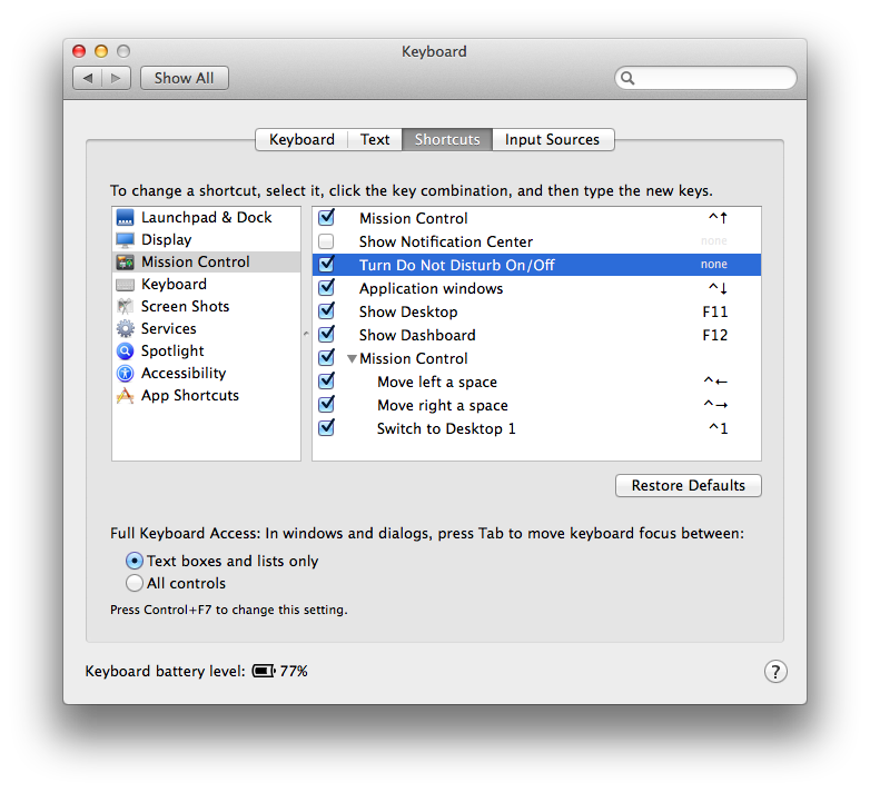 Keyboard shortcut modification in System Preferences