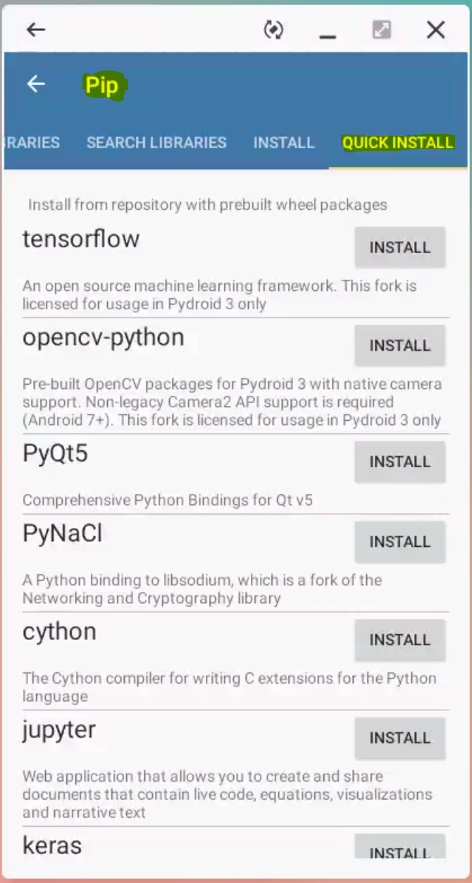 Pydroid3 pip quick install page