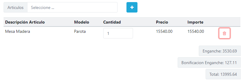 Tabla final después de eliminar el primer articulo