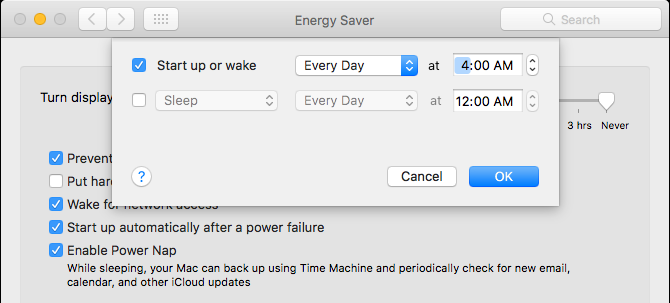 Energy Saver settings for automatic boot-up