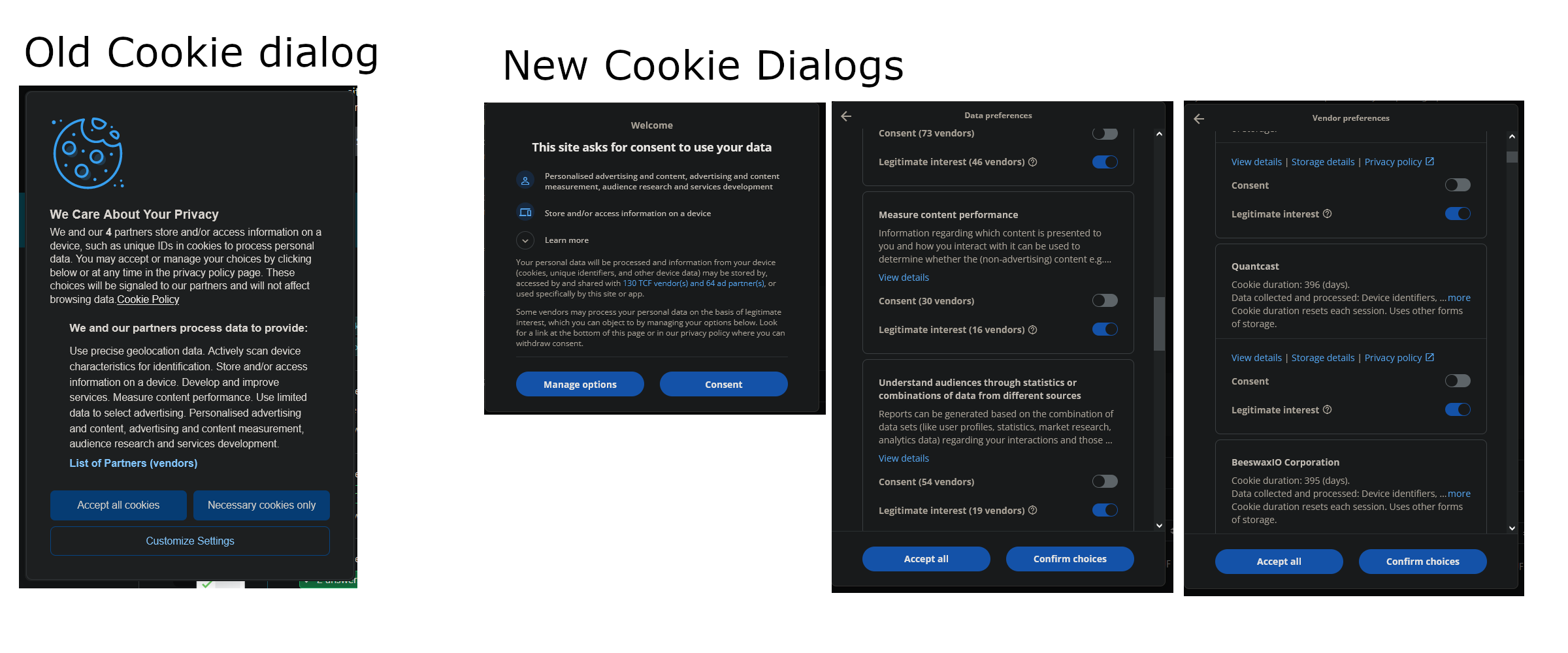 Old vs. new cookie consent dialogs, showing more options in the new one