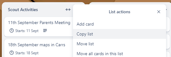 image of trello list actions, highlighting copy list