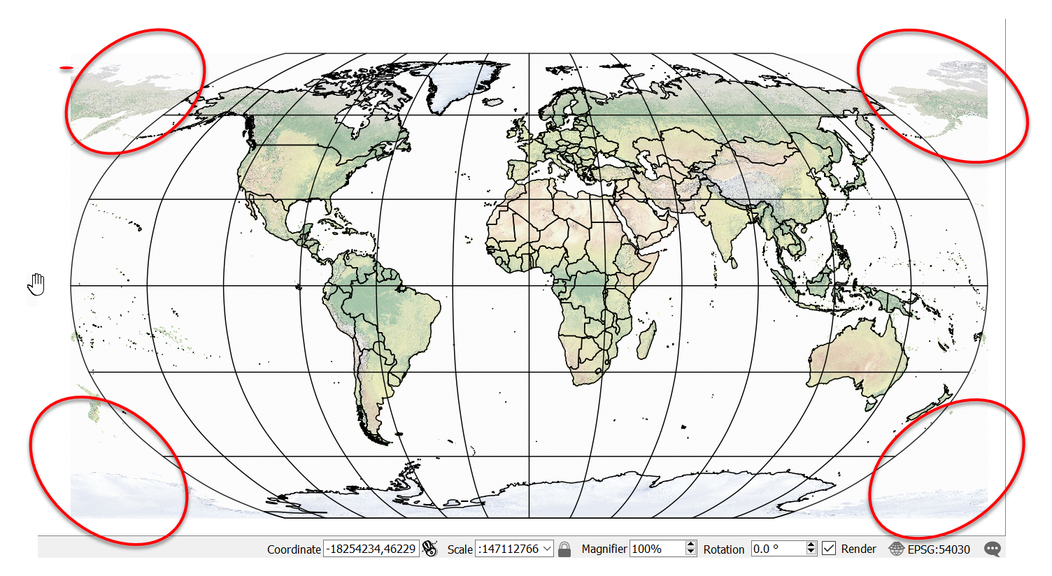 Same map with World Robinson CRS (ESRI:54030). See repeated map portions in the corner