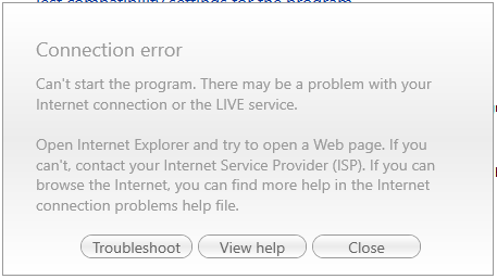 "Connection Error" ... No connection to LIVE service.