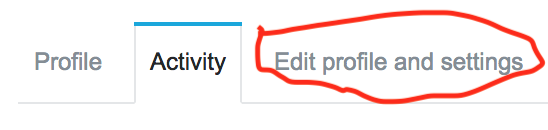 Circled "Edit profile and settings" tab