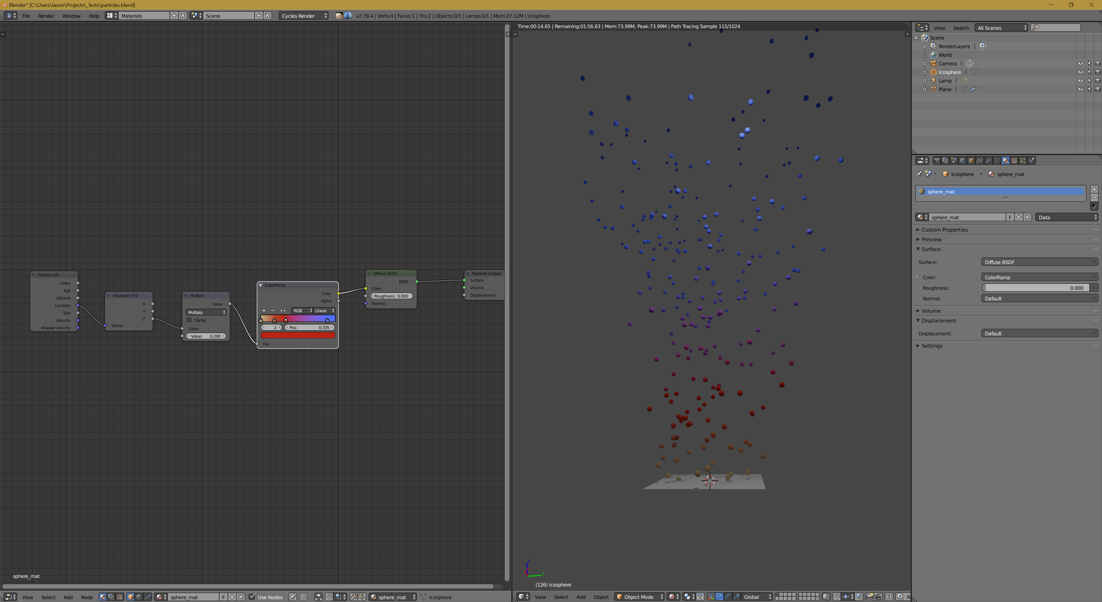 example node setup using particle info to drive a ramp