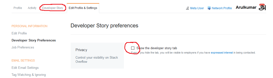 Developer Story tab