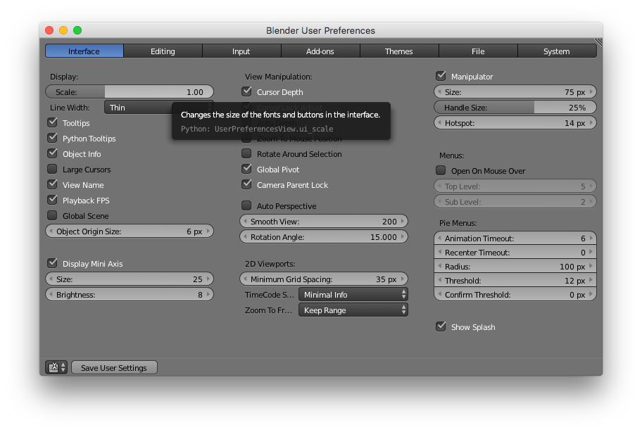 A dialog box showing the interface tab of Blender 2.79b, where the scale input is hightlighted by a tooltip.