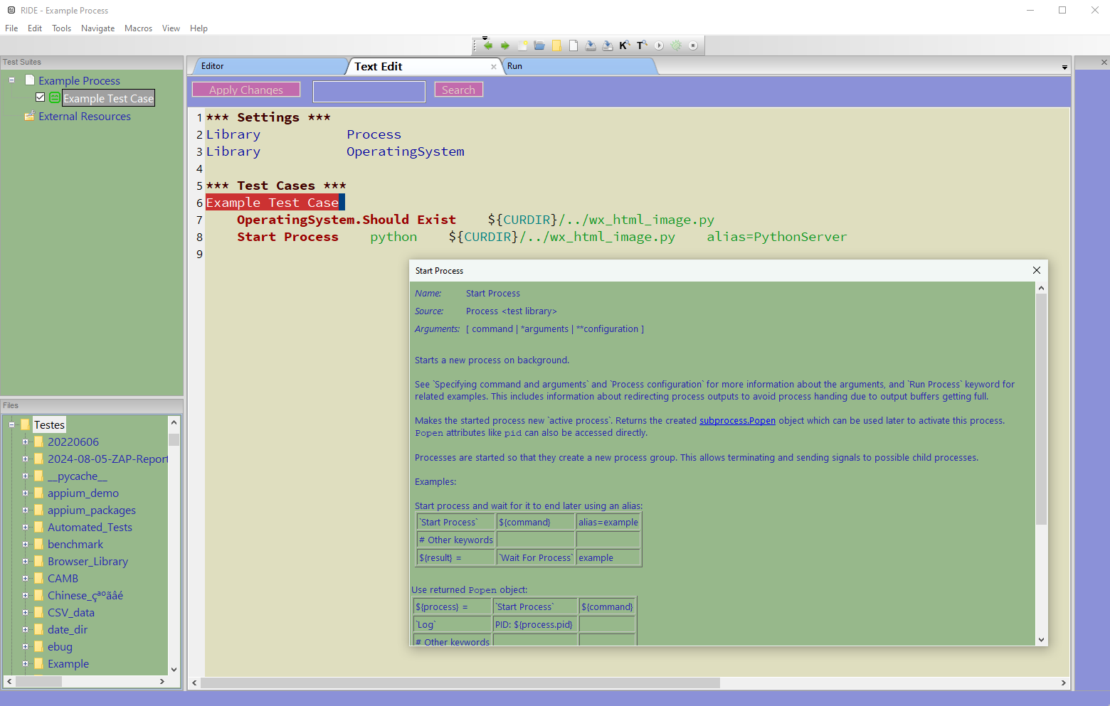 RIDE Text Editor with Test Case and Start Process doc