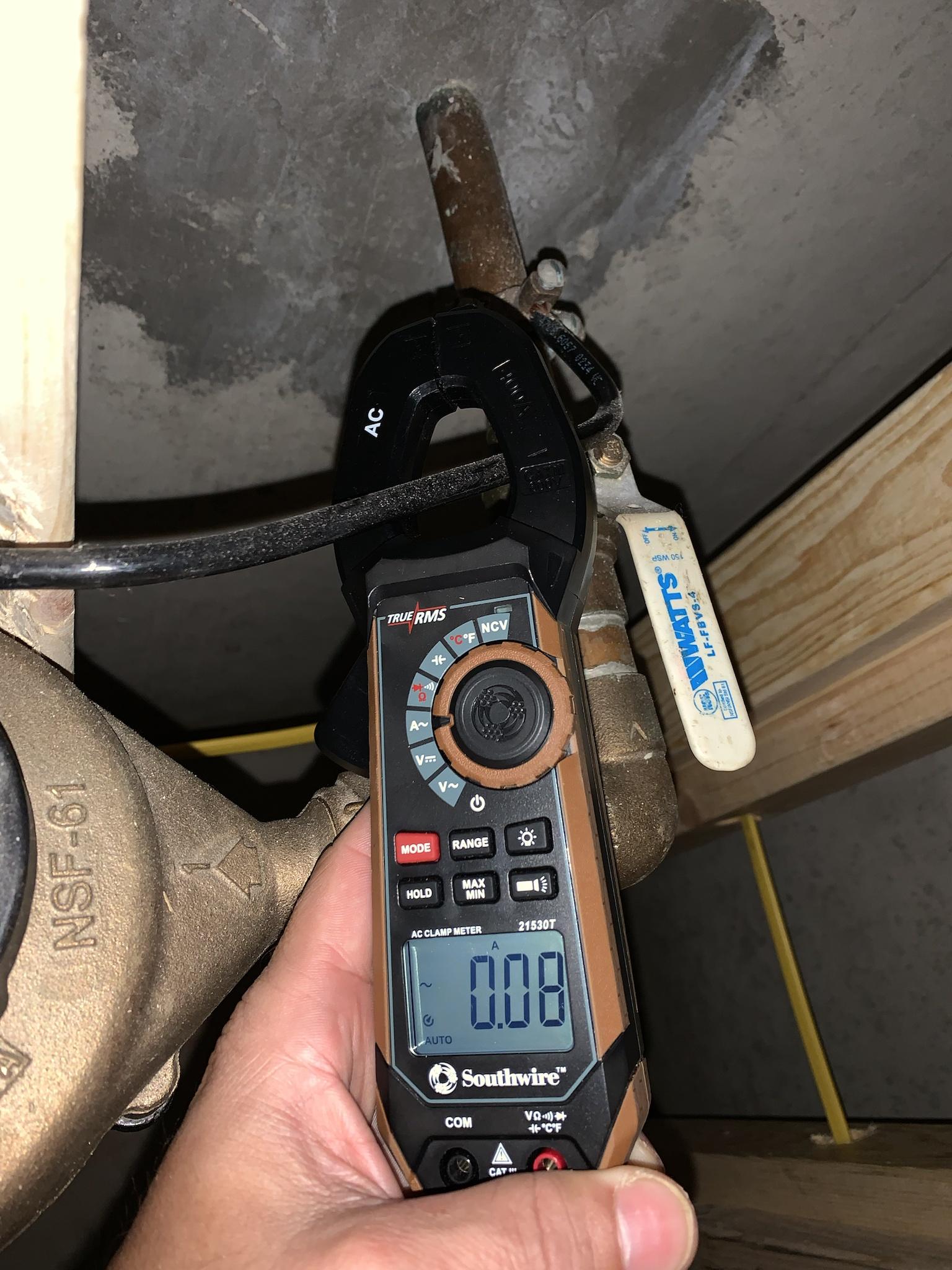 .08A on ground at water service entrance (main breaker off)