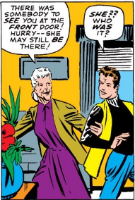 Peter and Aunt May, from *Amazing Spider-Man* (1963) #38, drawn by Steve Ditko: Peter looking pretty skinny as May drags him to the front door