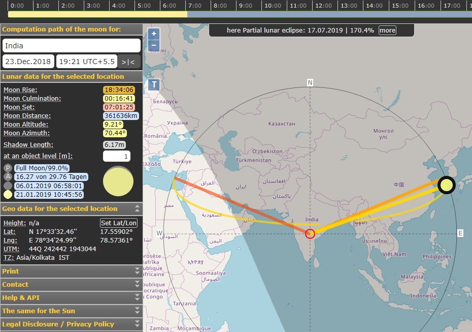 Position of moon over Hyderabad on 23 December 2018