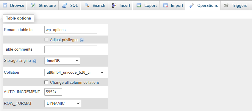 phpMyAdmin wordpress table operations