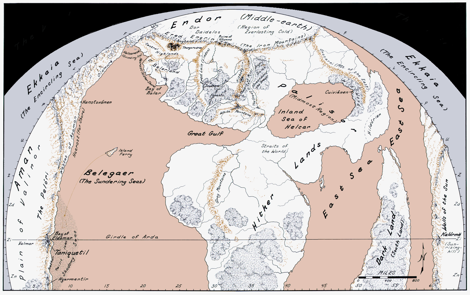 Fonstad map of Arda in the First Age, showing Endor meeting Aman in the west and the spine of the Ered Engrin reaching from the Helcaraxë to the East Sea.  The Ruins of Utumno are noted in the Ered Engrin between the Ered Luin and the Hithaeglir.