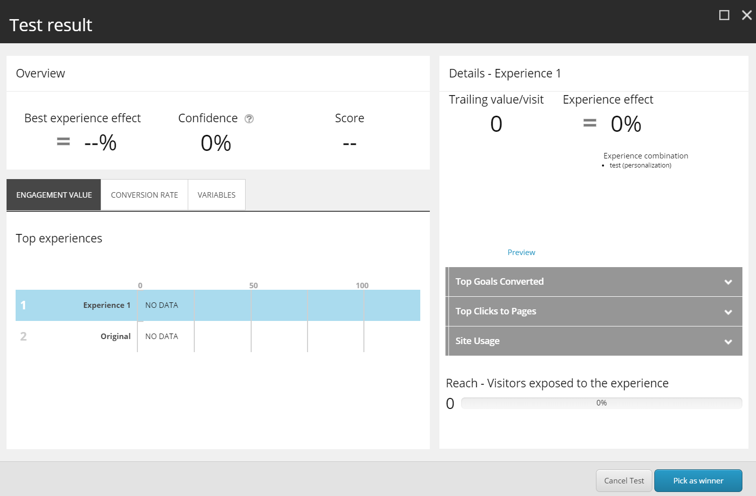 Test results screen