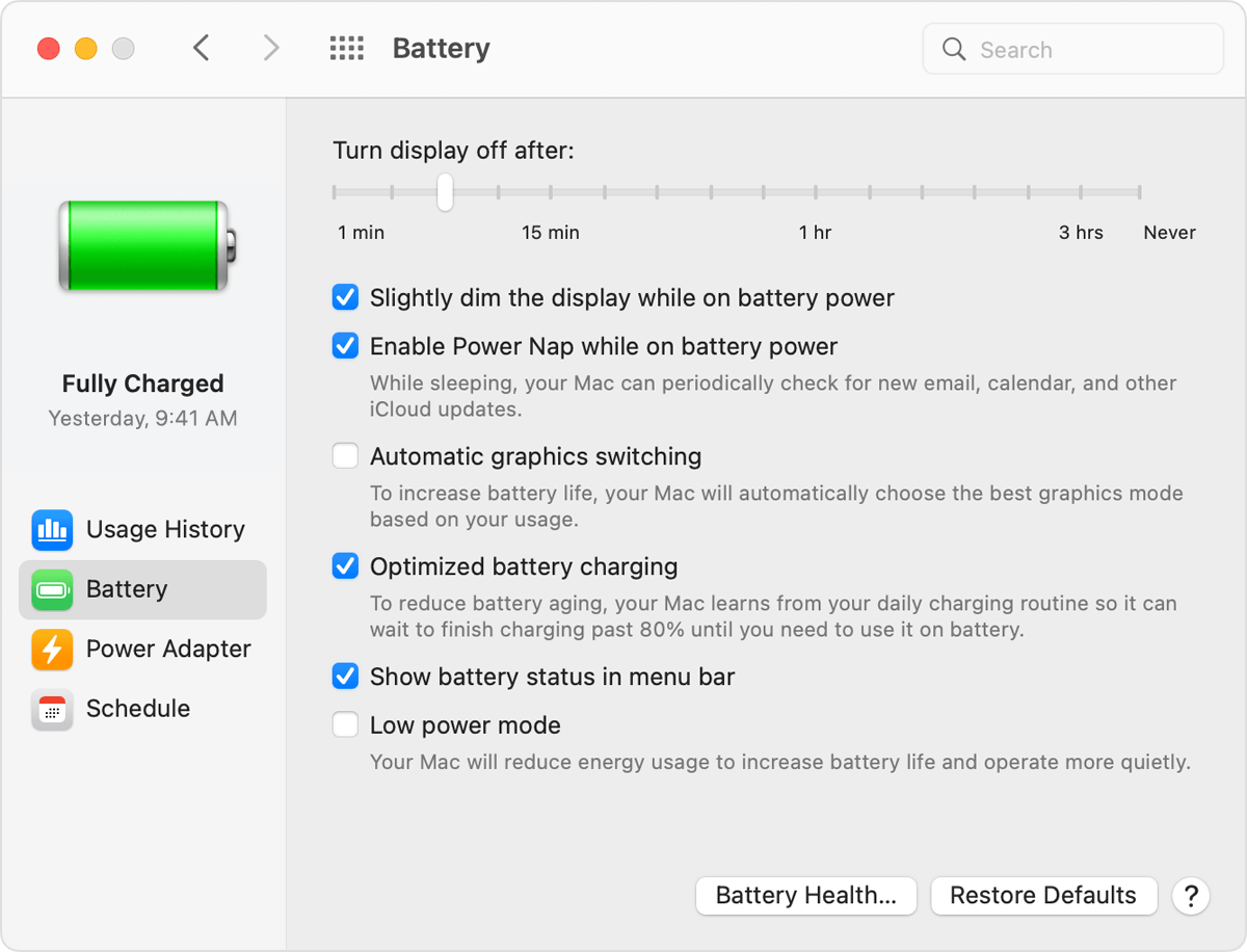 old battery panel in macOS System Preferences app