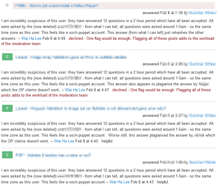 obfuscated screenshot of the relevant flags. Two flags have "declined - One flag would be enough. Flagging all of these posts adds to the workload of the moderation team", and two flags were marked "helpful"