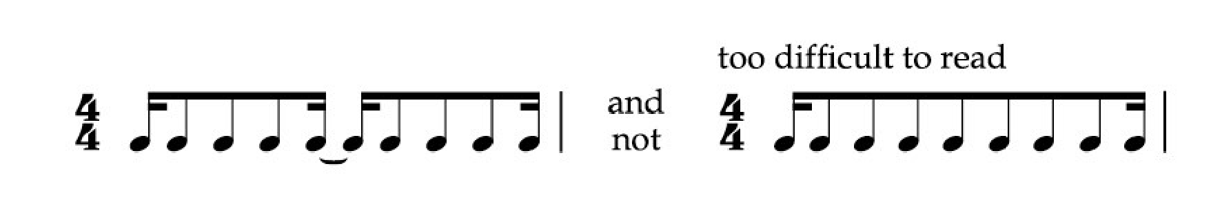 1. One measures in 4/4: two figures of a semiquaver beamed with three quavers and another semiquaver.  A tie connects the semiquavers in the middle of the measure.  "and not"  2. One measure in 4/4: one figure of a semiquaver beamed with seven quavers and another semiquaver.  This is marked “too difficult to read”.