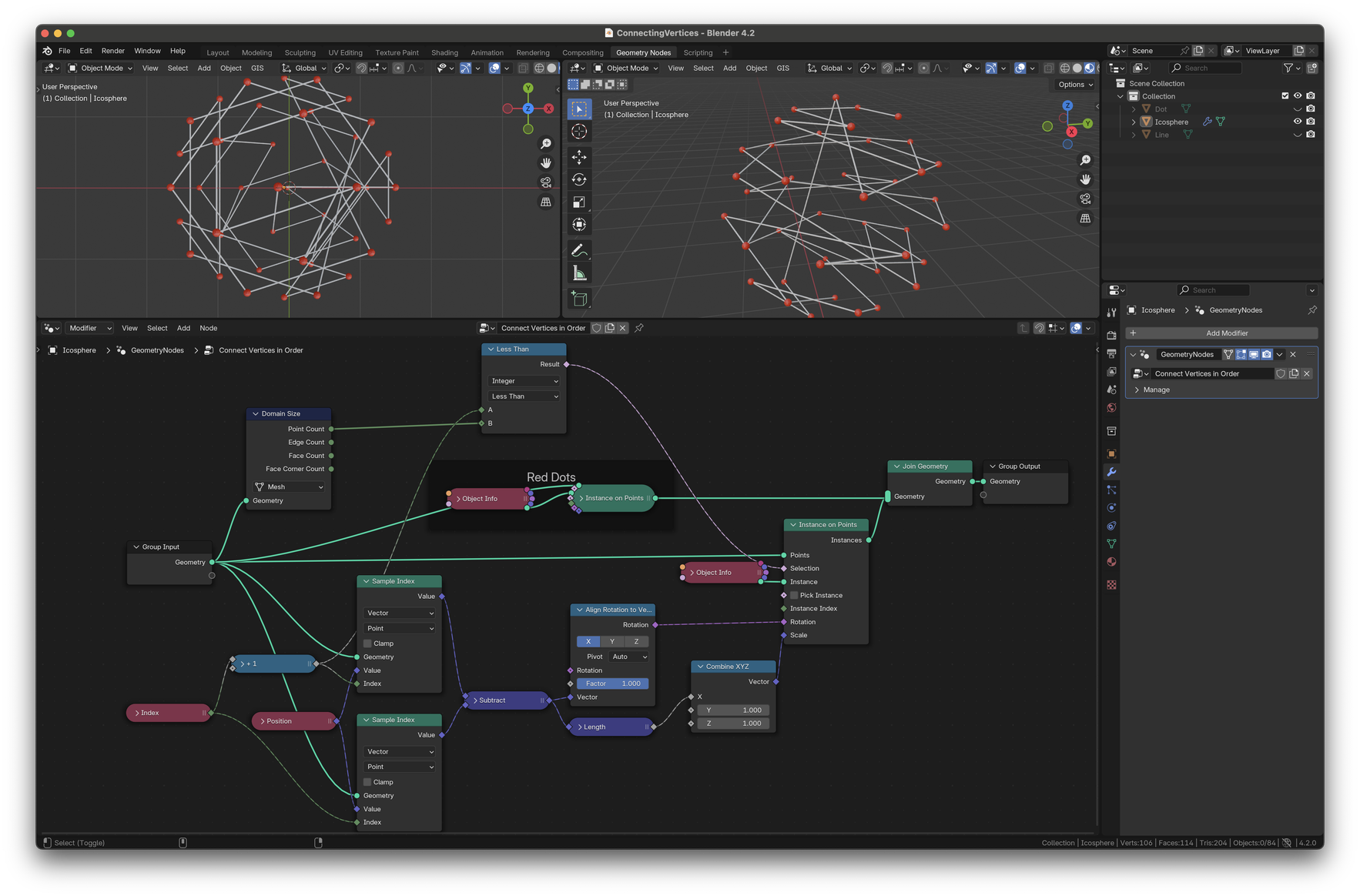 vertices of ico sphere connected by instances of a cylinder mesh