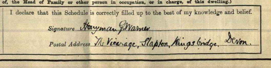 signature of Honyman G. Warner from 1911 Census