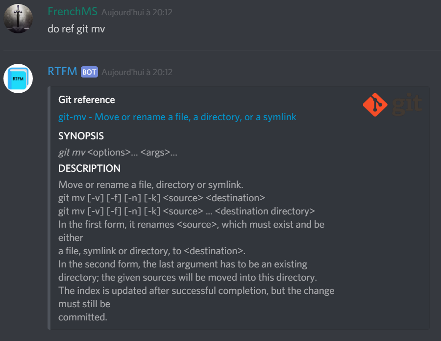 Screenshot from discord, showing command ref and bot's answer