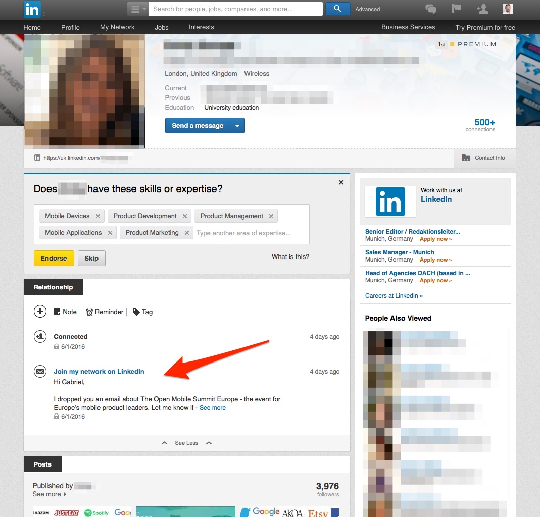 LinkedIn intro message on the profile page.