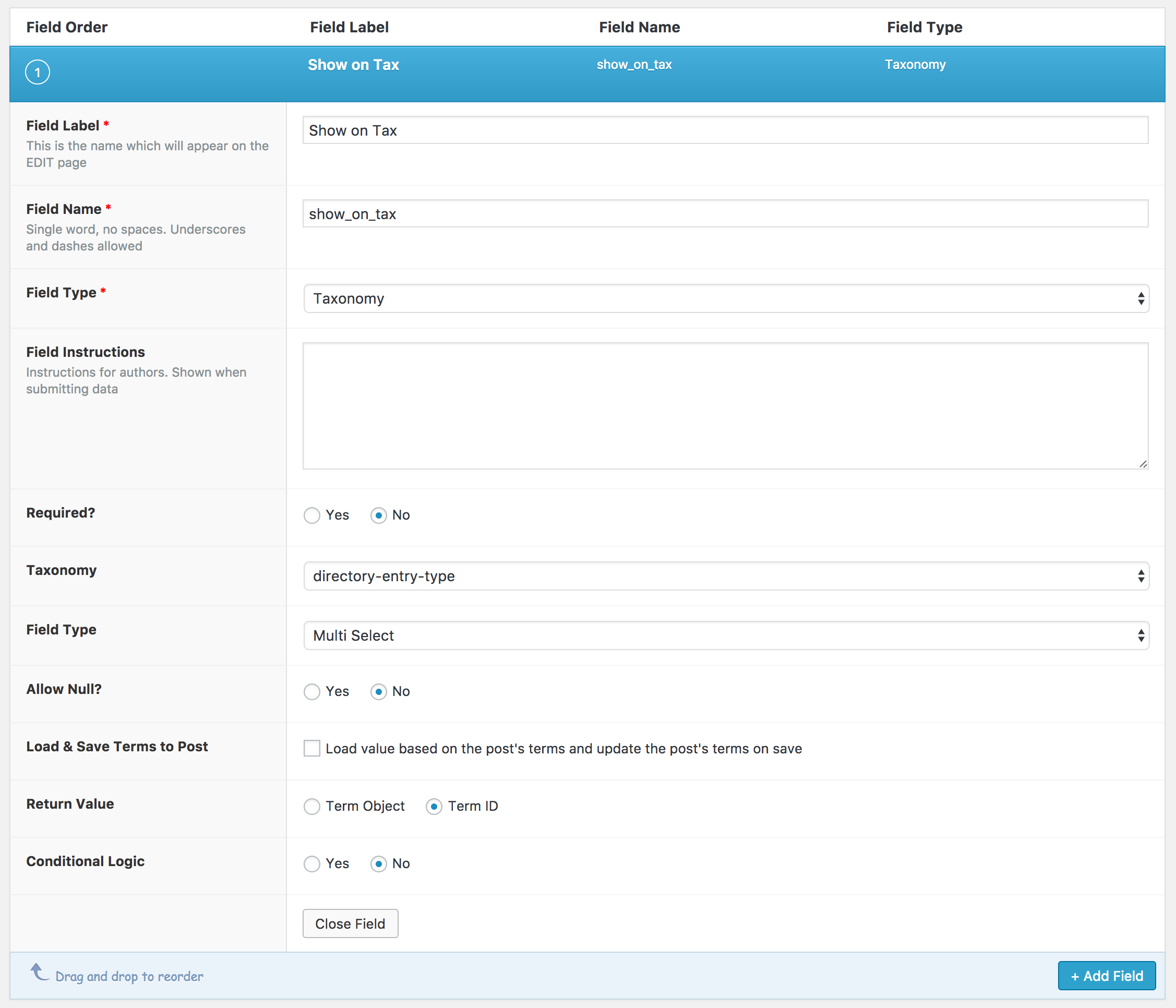 Custom field settings