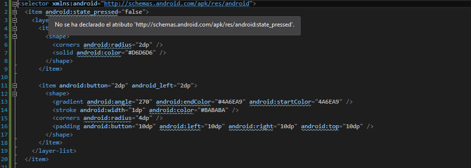 Actualizado - Esta es la imagen del xml, donde se muestra el mismo error con el atributo schema.android.com