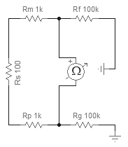 Virtual ohmmeter looking out into the circuit from the op-amp inputs