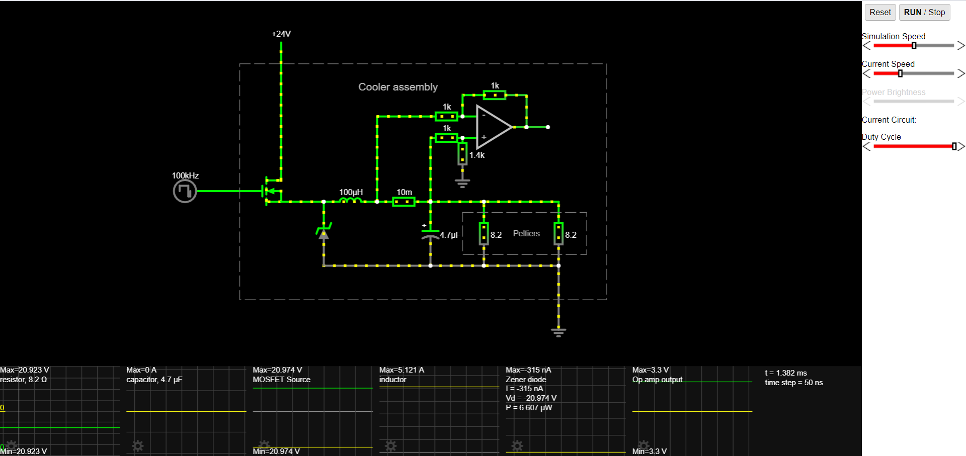 a digitally controlled MOSFET buck regulator in falstad circuit