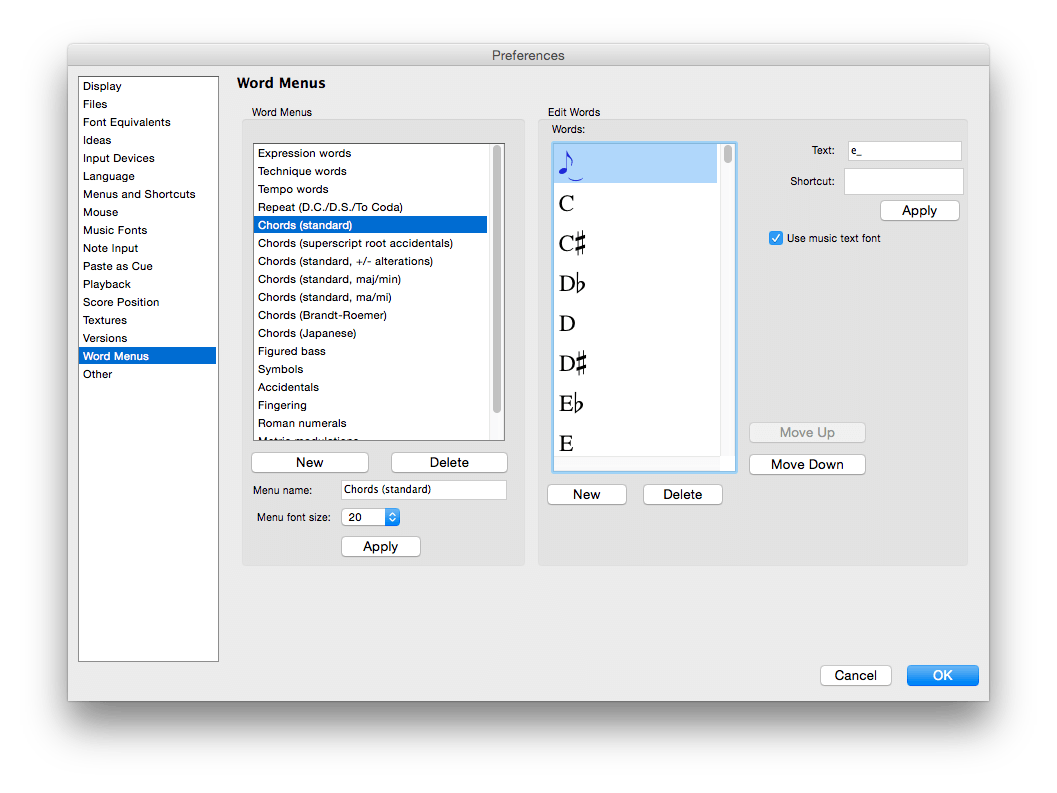 Sibelius 6 Preferences Word Menus Chords standard