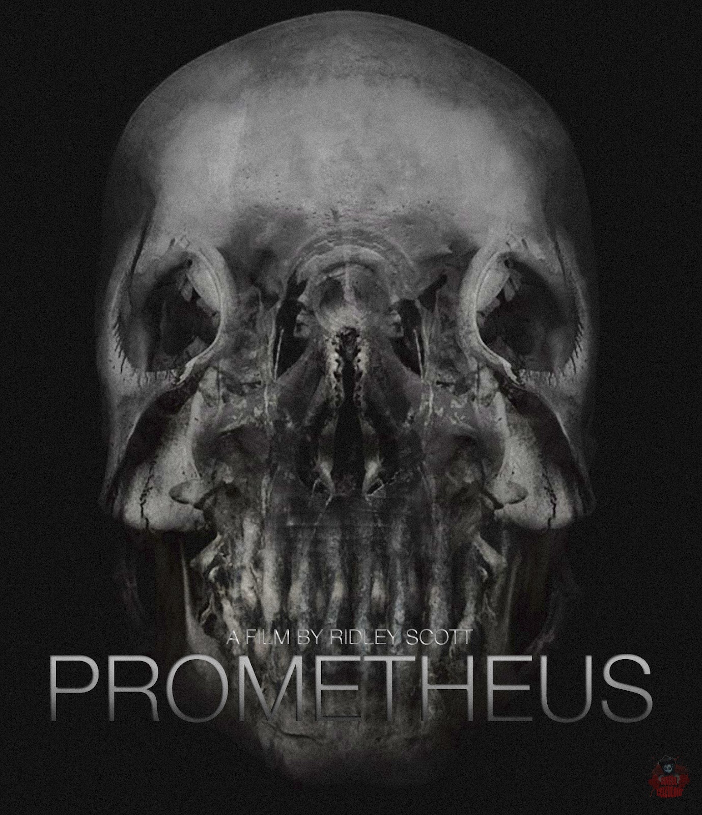 Fan-made "Prometheus" movie poster depicting a fanciful skull against a stark black background.