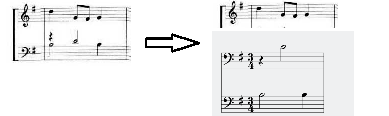 A diagram showing how the bass part can be broken down into two distinct parts.  One is a quarter rest followed by a half note.  The other is a half note followed by a quarter note.