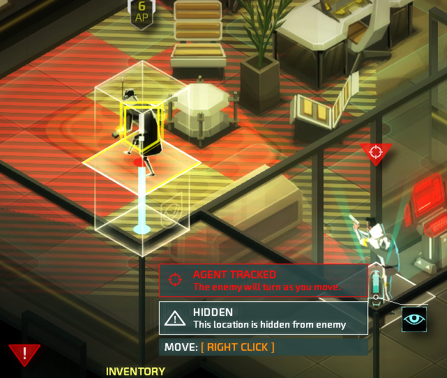 Cropped screenshot of Invisible Inc showing agent in danger and possible escape routes