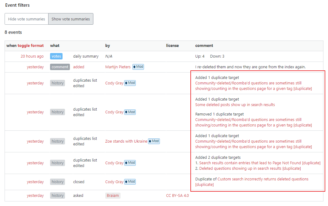 post timeline with duplicate target edit diffs