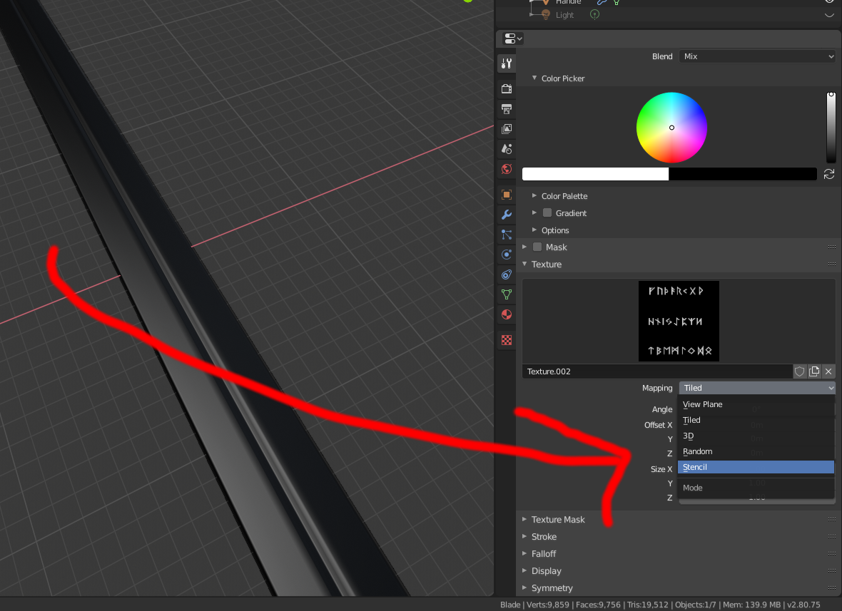 Change Mapping from Tiled to Stencil in Blender 2.8