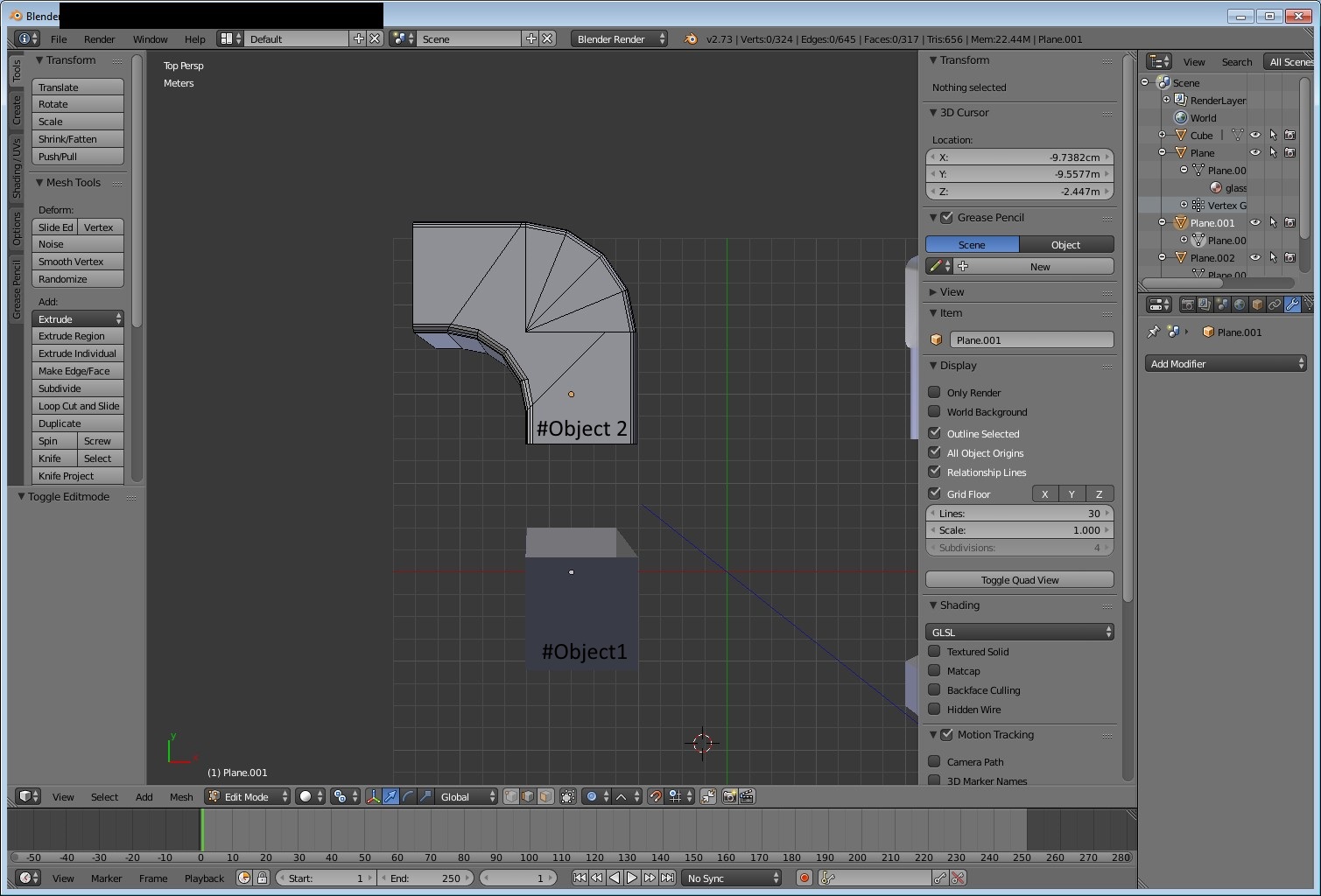 screen shot of blender showing a 90° bend