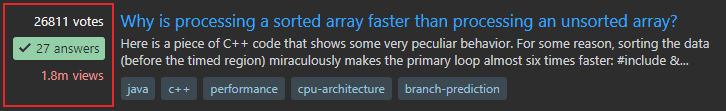 screenshot of a question item on the "all questions" page with the post information provided in the left column ("26811 votes", "27 answers" on a green background with a tick icon prepended to indicate that there is an accepted answer)