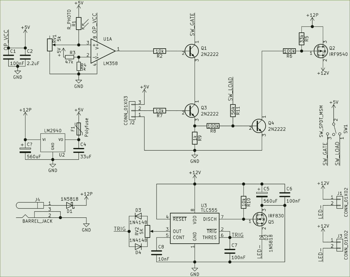 Circuit comprising a 5V voltage regulator, comparator with photo resistor, an AND gate combining the output of the comparator and the output of an external logic signal to produce a signal to switch a pFET that turns on a 555 CMOS timer configured to dim 12V LED strips using PWM.