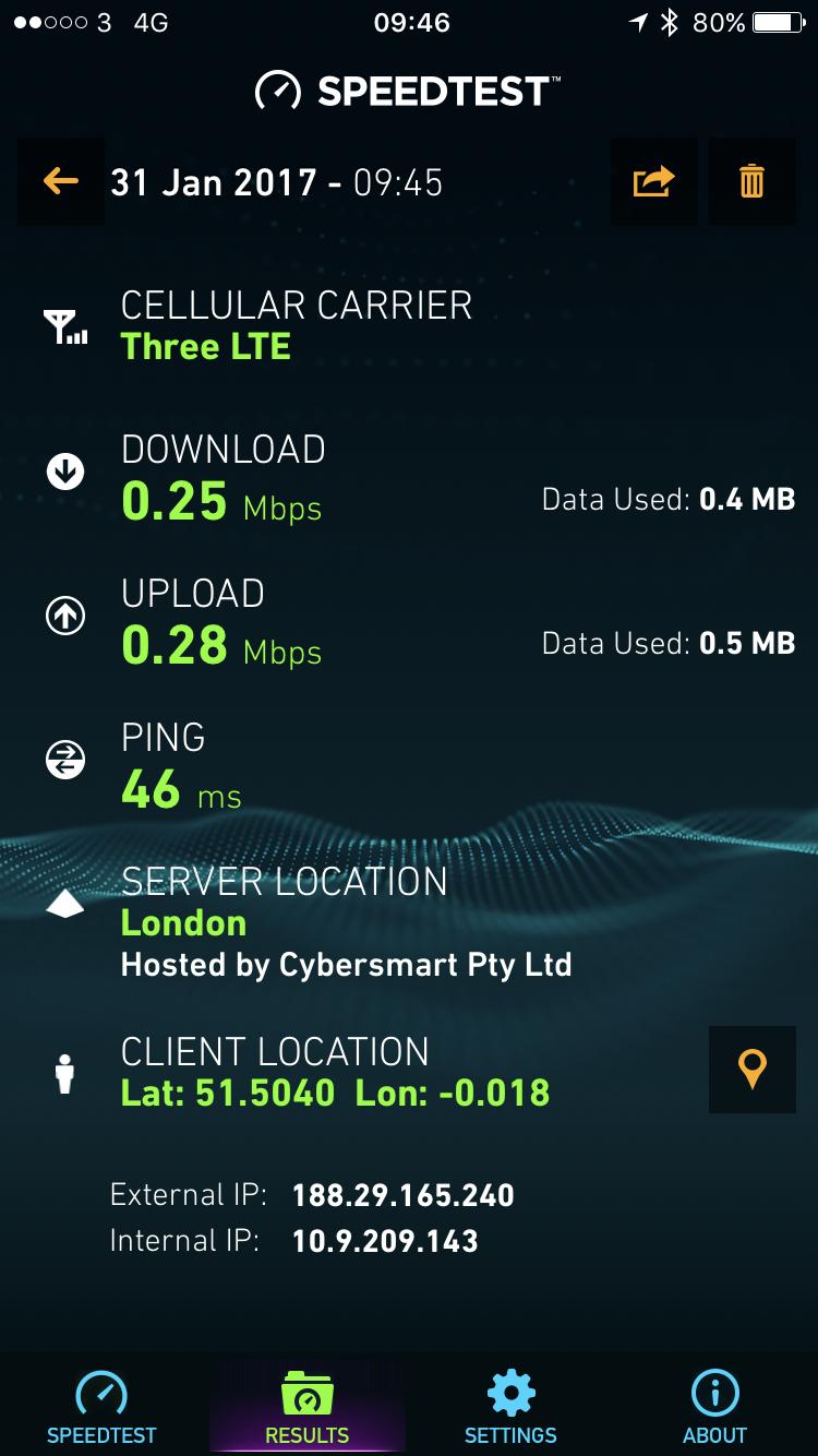 Speedtest shows "Three LTE"