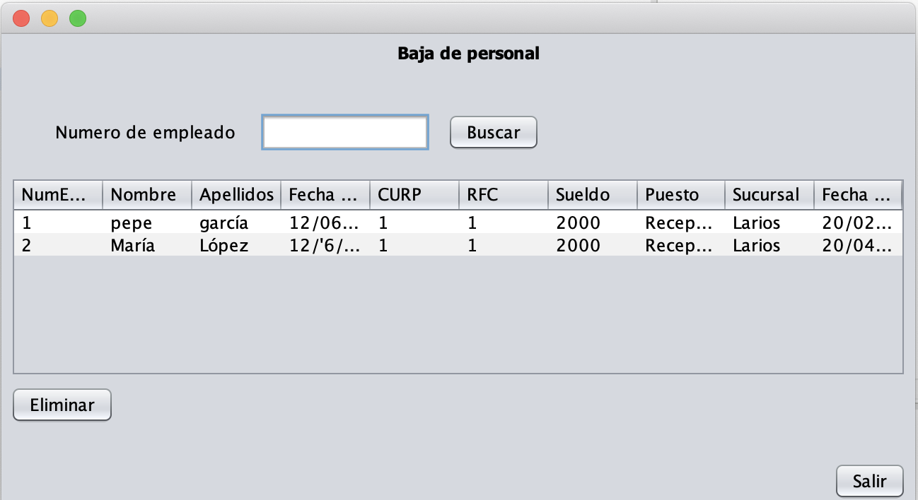 Tabla original con dos datos introducidos