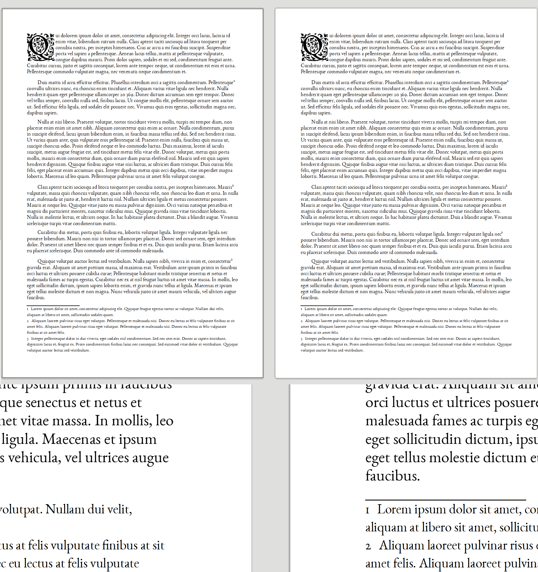 Example of two exactly similar pages in EB Garamond, with left page in only 12-point optical size and right page with footnotes rendered in 8-point optical size