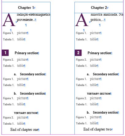 **Figure 1.** This is how the book is divided. The text frames *between* chapters are *unthreaded*. Text frames *within* chapters, **are** threaded.