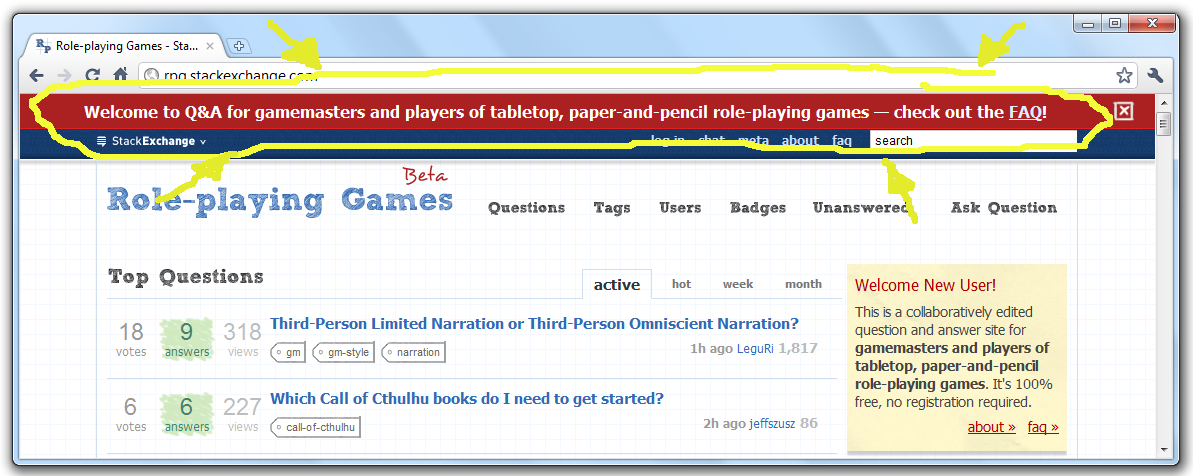 rpg.stackexchange page showing the message 'Welcome to the Q&A for gamemasters and players of tabletop, pen-and-paper role playing games - check out the FAQ'. 'FAQ' is a hyperlink to the FAQ page